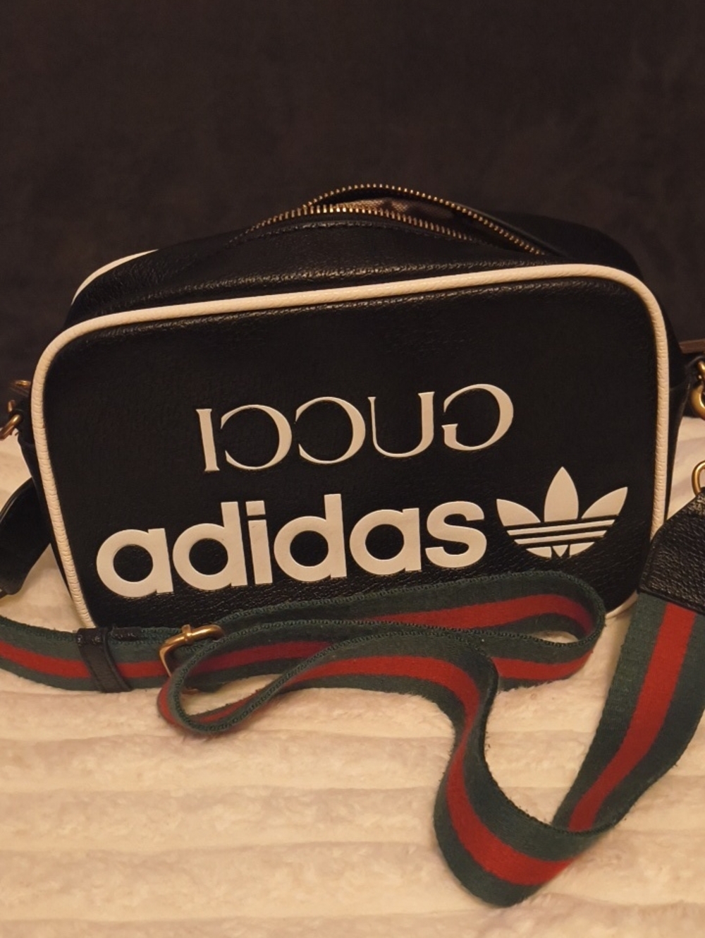Gucci x Adidas Black Crossbody Bag with Signature Stripe Strap